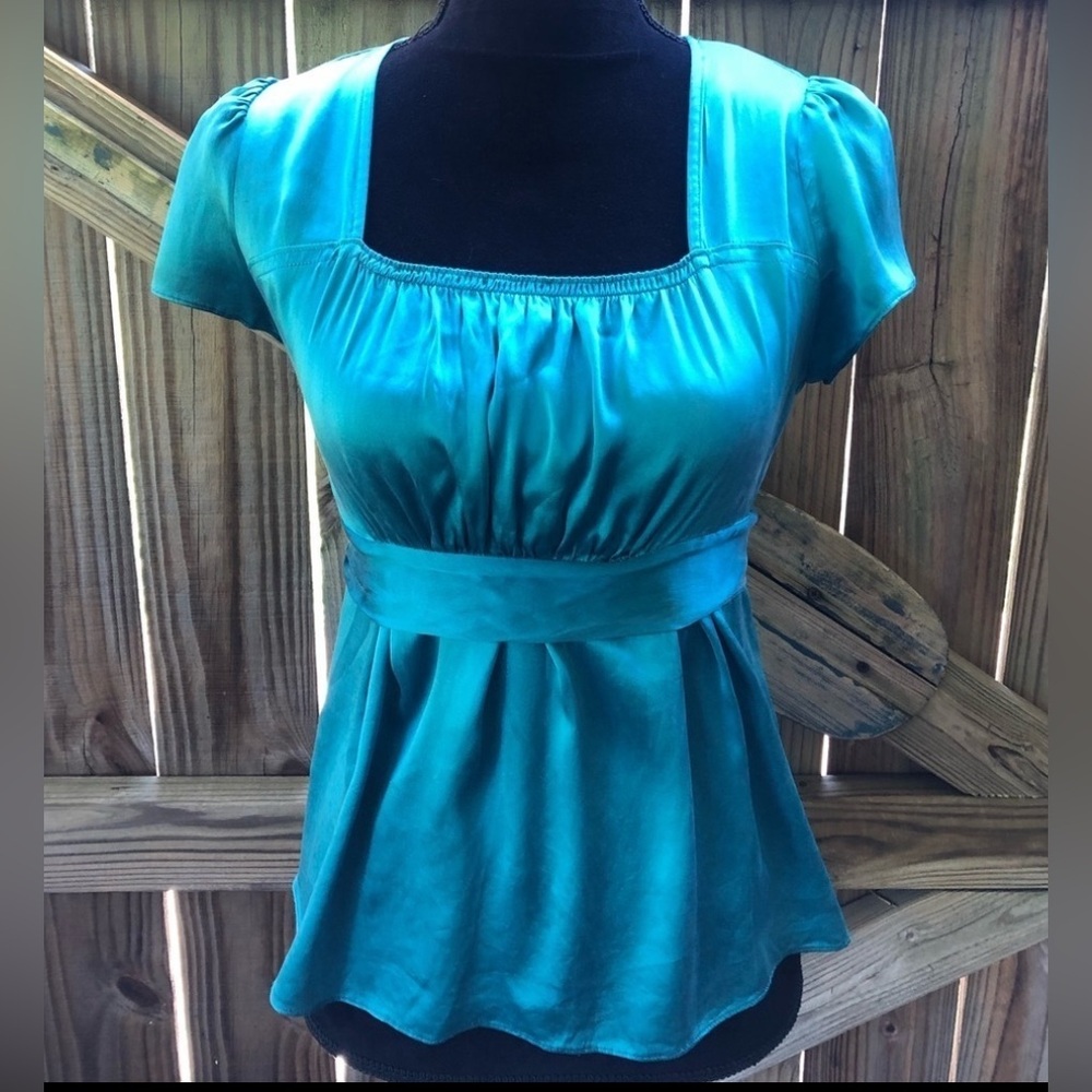 Express Teal Blue Silk Short Sleeve Square Neck Blouse Size XS